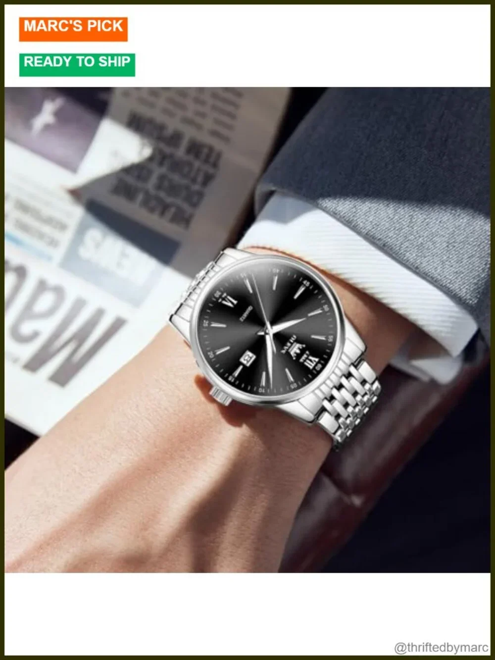 Stainless Steel Quartz Dress Watch with Day and Date, Easy to Read Large Face